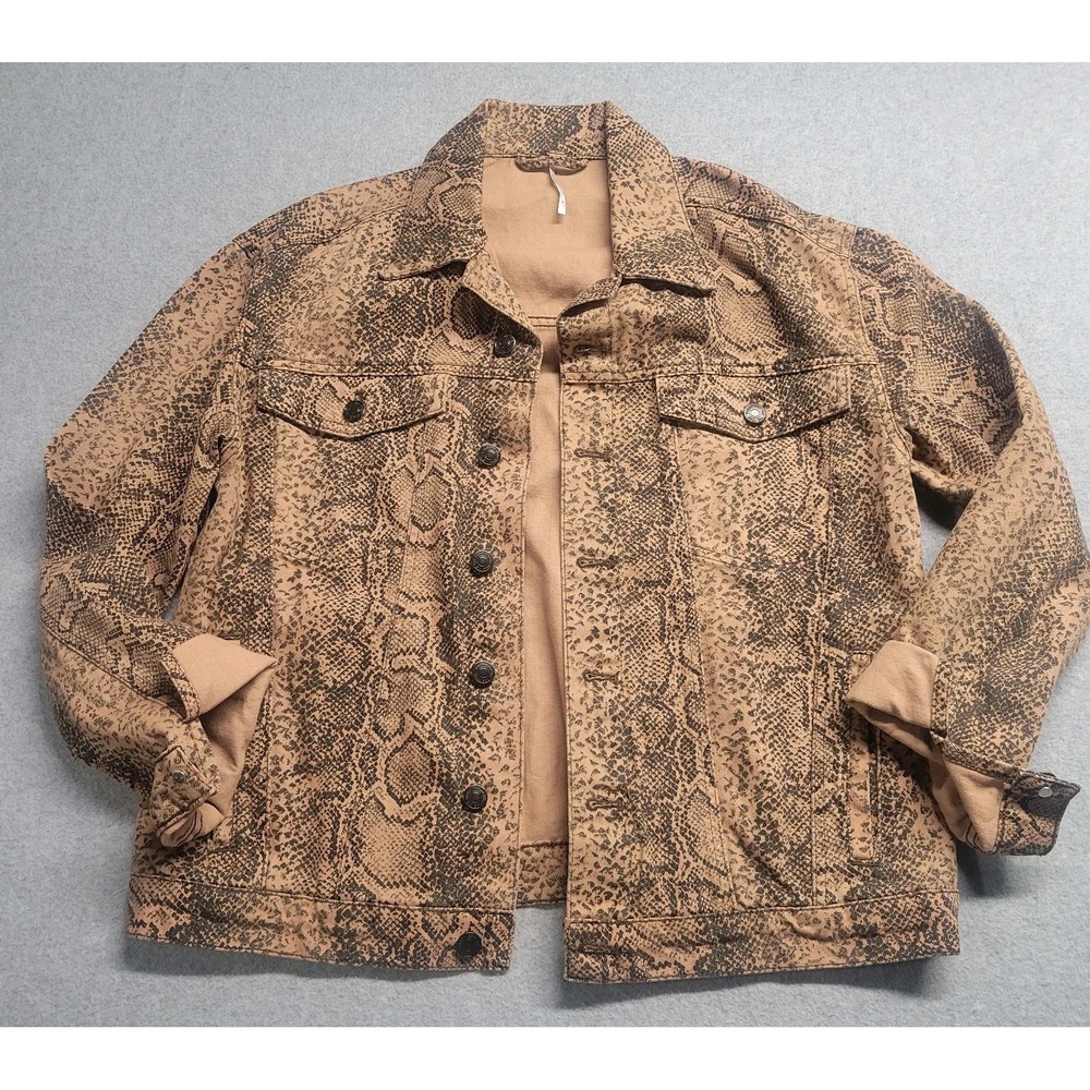 Free People Snake Print Denim Trucker Jacket Tan Brown Python Size Small - Picture 2 of 9